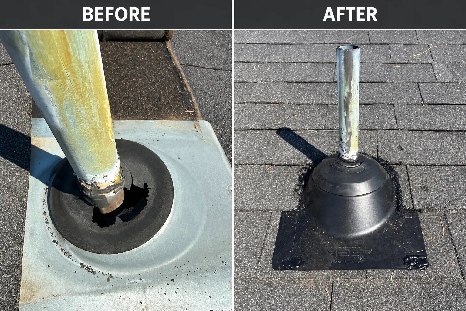 Before and after: a pipe jack with a deteriorated seal and a new pipe jack on a North Idaho roof