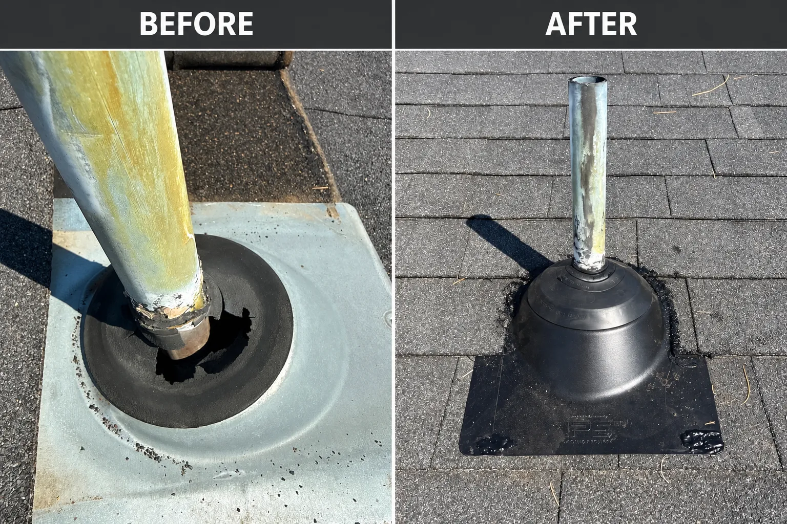 Before and after: a pipe jack with a deteriorated rubber seal torn away from the vent pipe, and a new pipe jack installed on an asphalt shingle roof in North Idaho