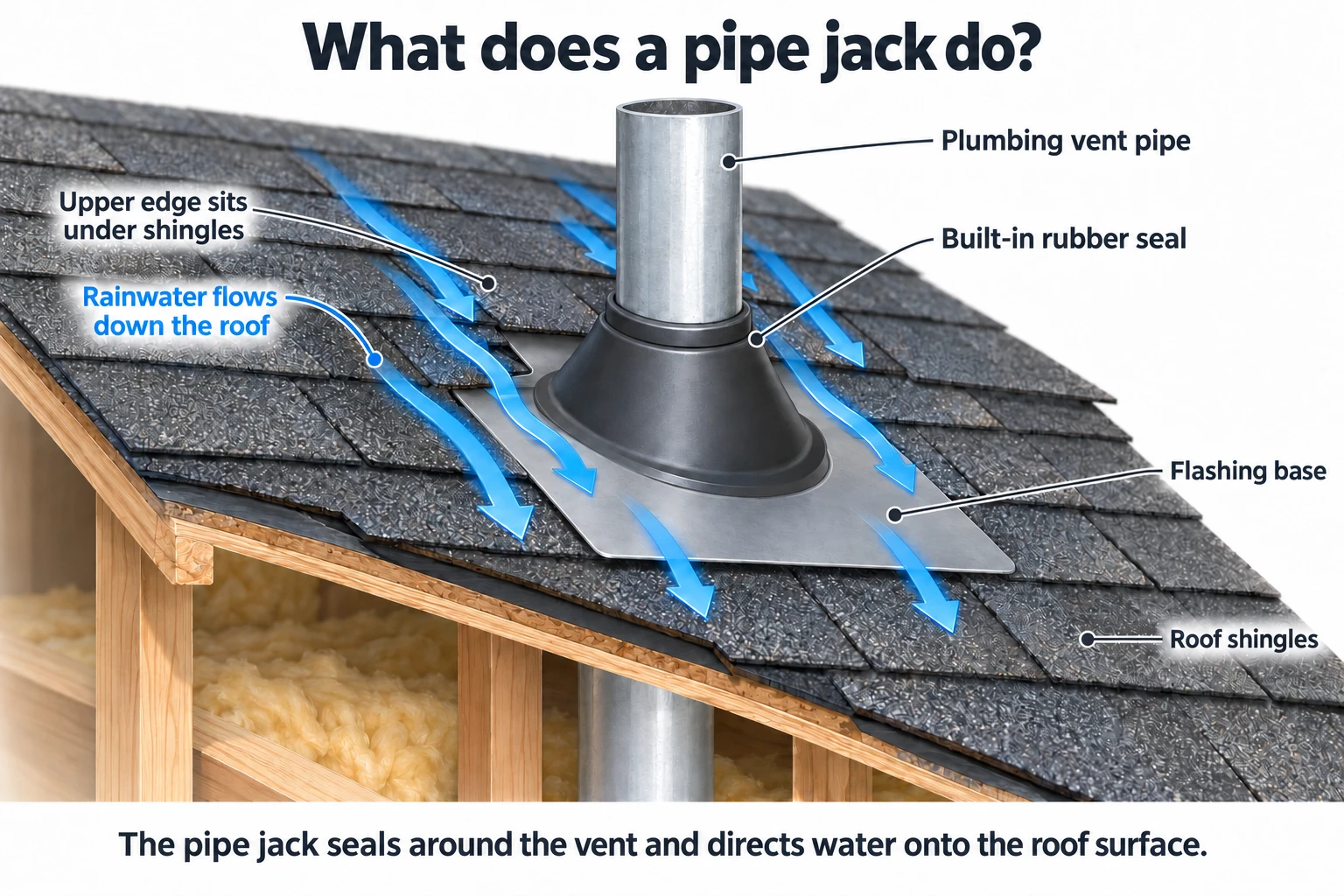 Diagram of a pipe jack on a shingle roof: the flashing base's upper edge sits under the shingles, a built-in rubber seal fits around the plumbing vent pipe, and rainwater flows down over the roof surface