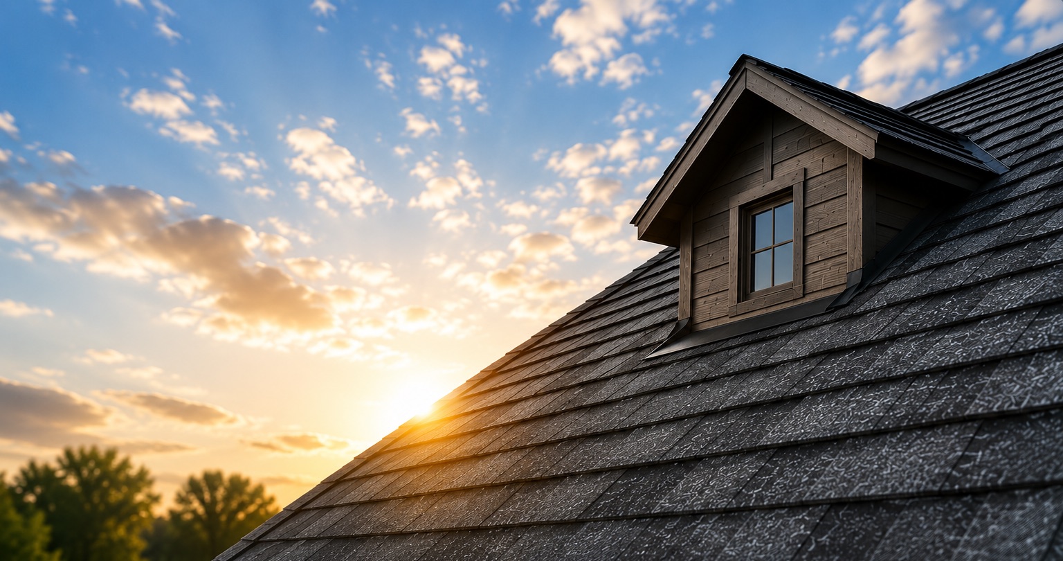 Dark architectural shingle roof with a gable dormer window at dusk