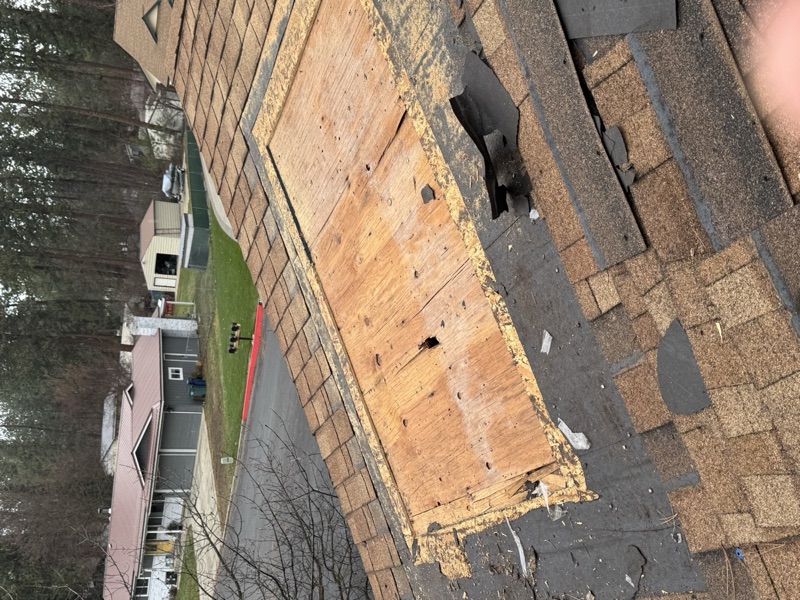 Storm-damaged roof with missing shingles