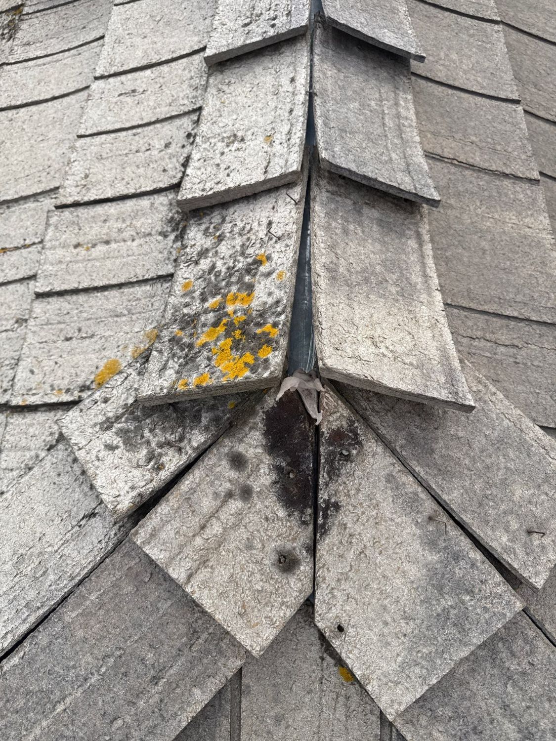 Before: close-up of the old synthetic shake at a hip, with lichen, moss, and separated tiles