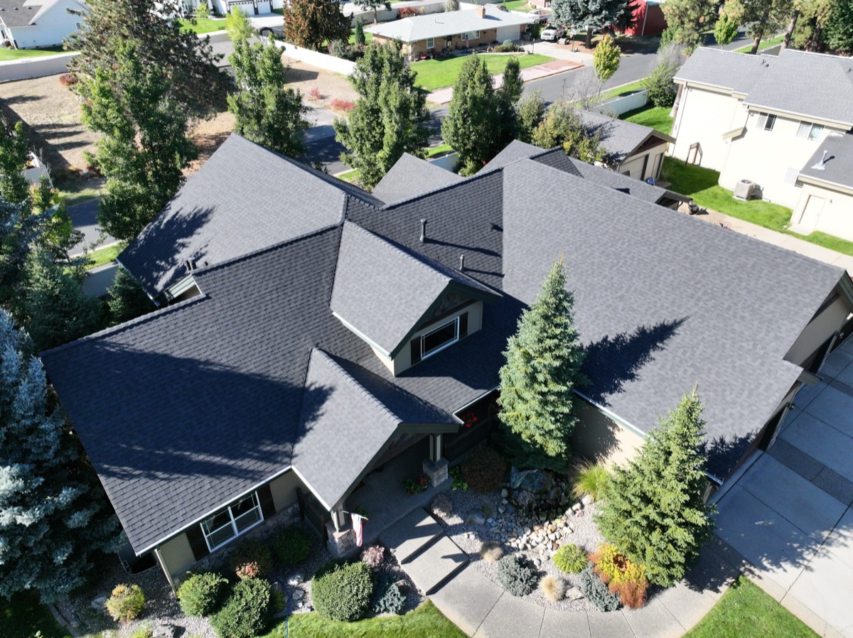 Completed roof — aerial view from the front of the home