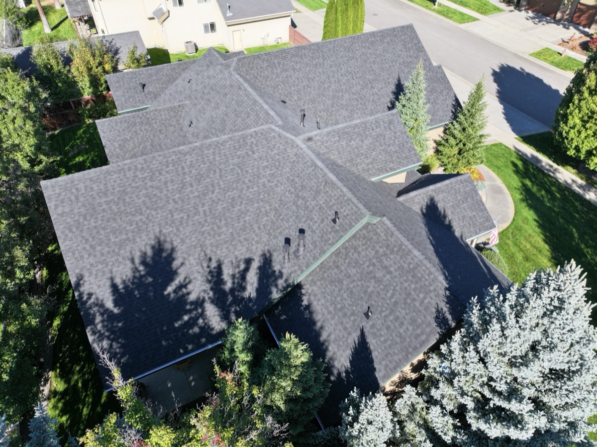 Completed roof — aerial view from the rear