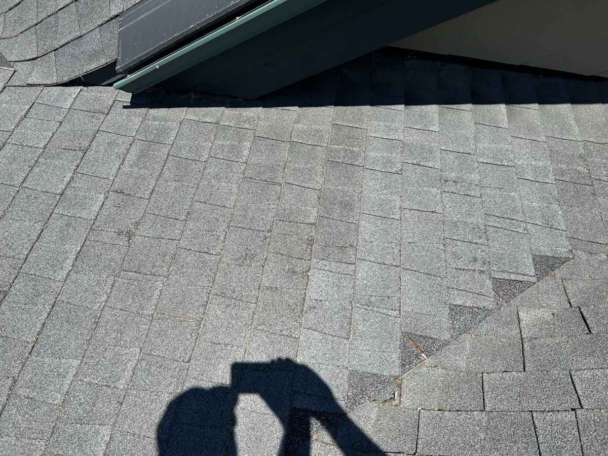 Worn shingles with granule loss before tear-off