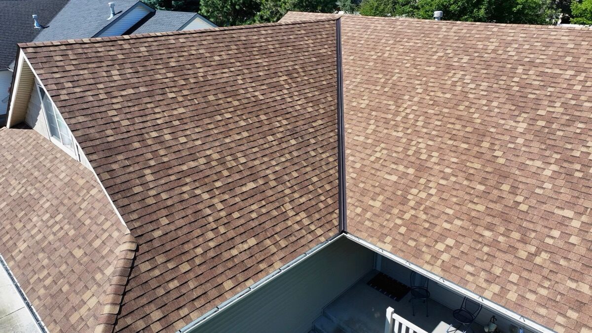 Close aerial view of completed Resawn Shake shingles with clean ridge lines