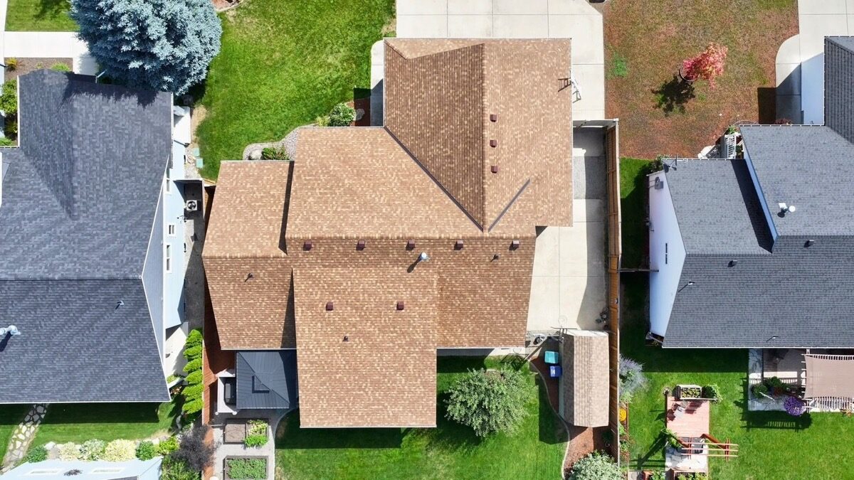 After: aerial view of completed Resawn Shake roof from the same angle
