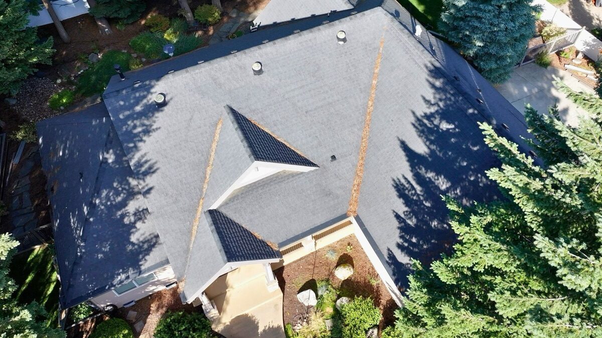 Aerial angled view of the full roof from the rear showing overall aging and wear