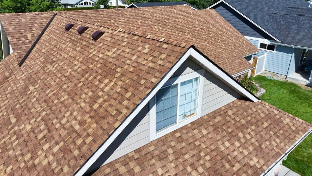 Aerial view of front gable with new Resawn Shake shingles and white trim