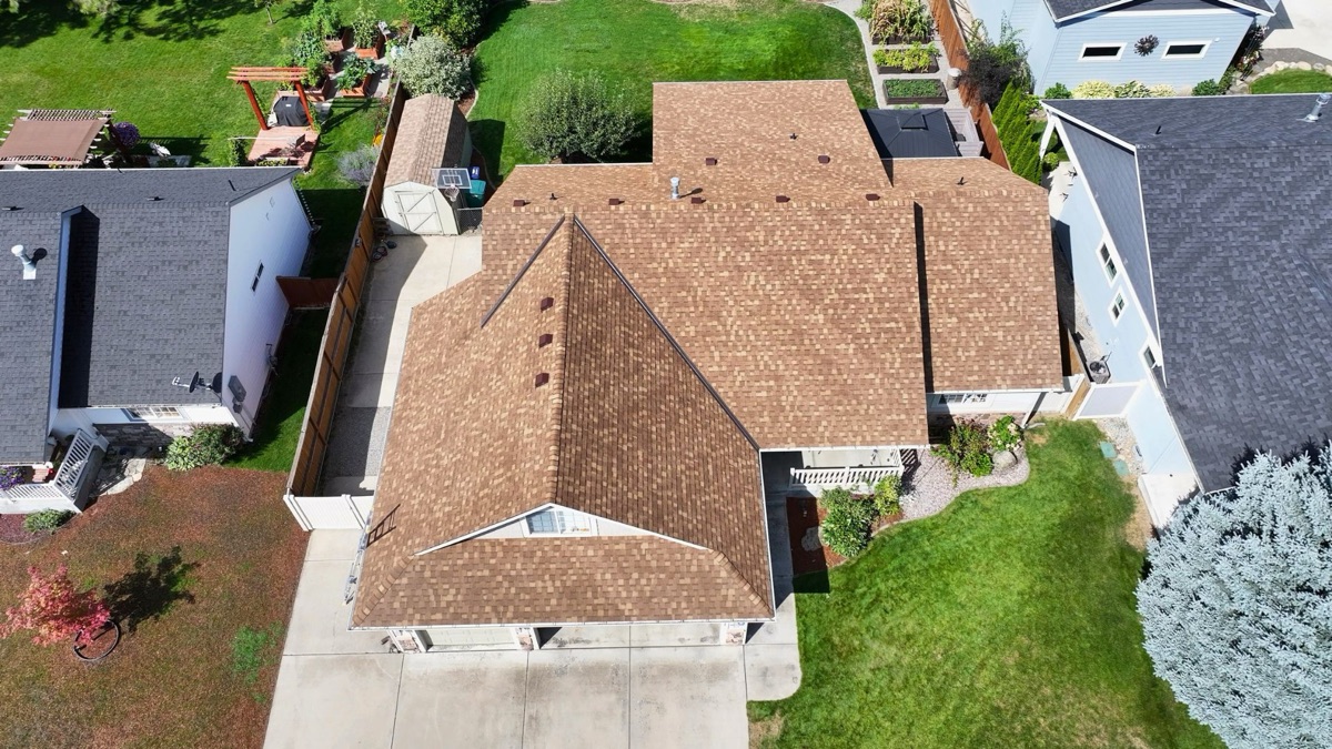 Aerial view of completed roof replacement in Coeur d'Alene, Idaho