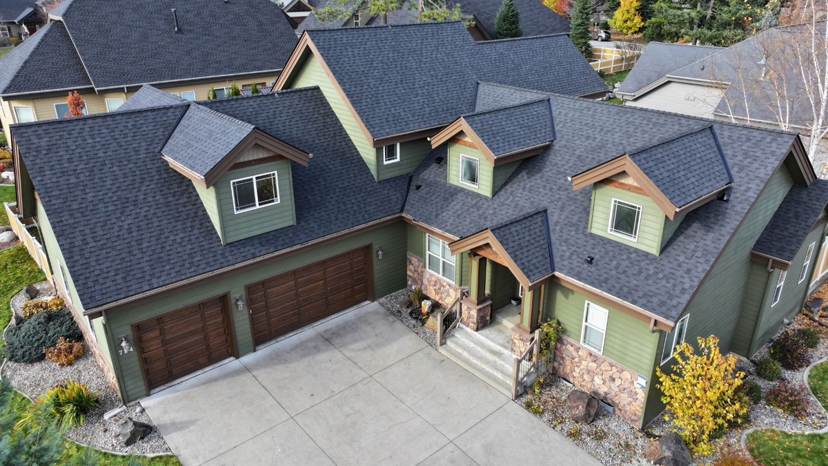 Aerial view of completed Moire Black roof replacement in Hayden, Idaho