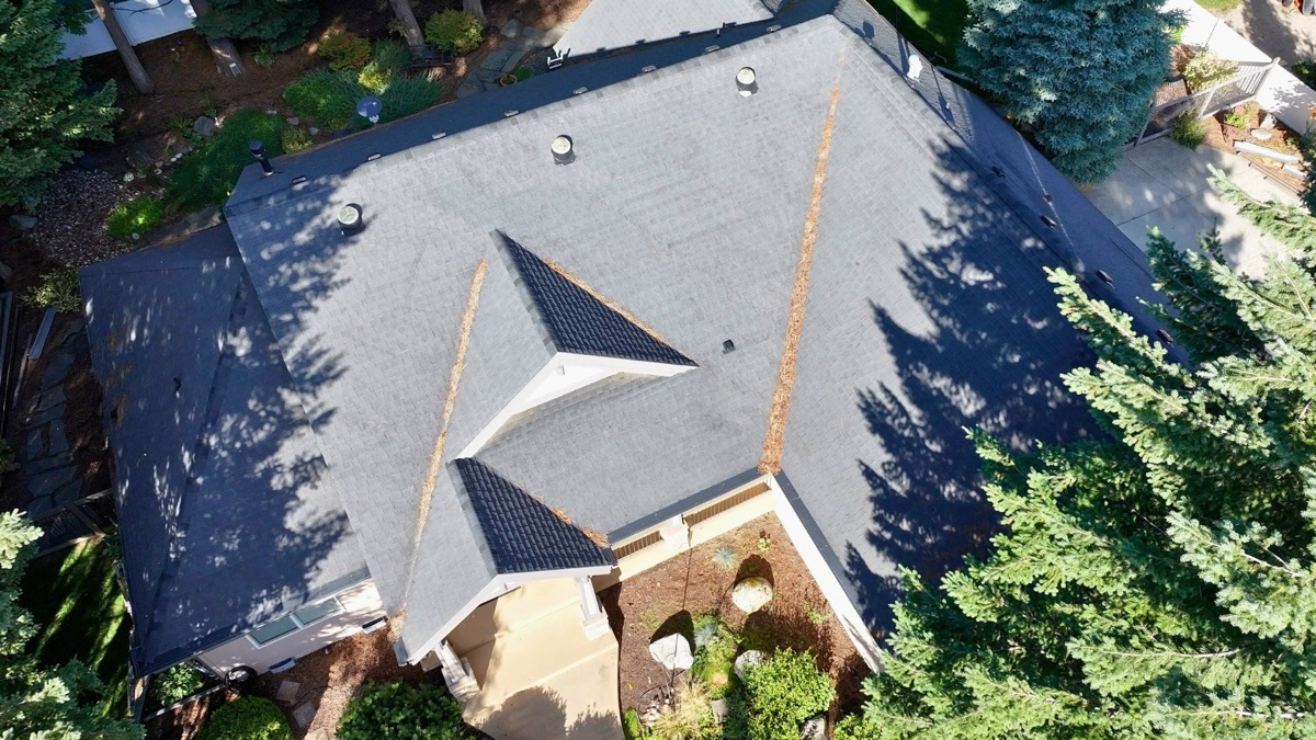 Aerial angled view of the full roof from the rear showing overall aging and wear