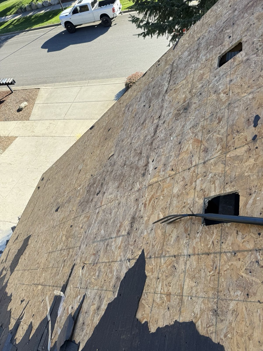 Close-up of exposed OSB decking showing water staining and damage after shingle removal